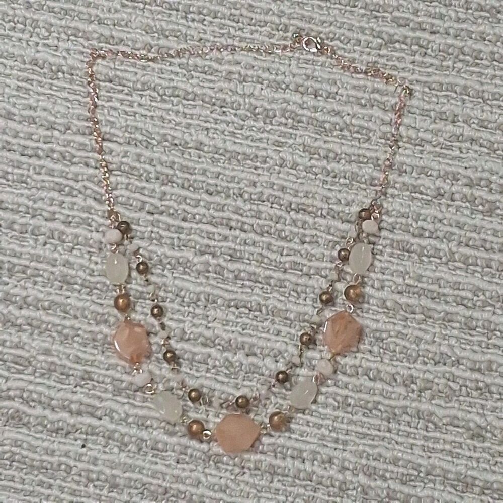 Double Strand Layered Rose Gold Tone Pink Peach Resin Crystal Beaded Necklace